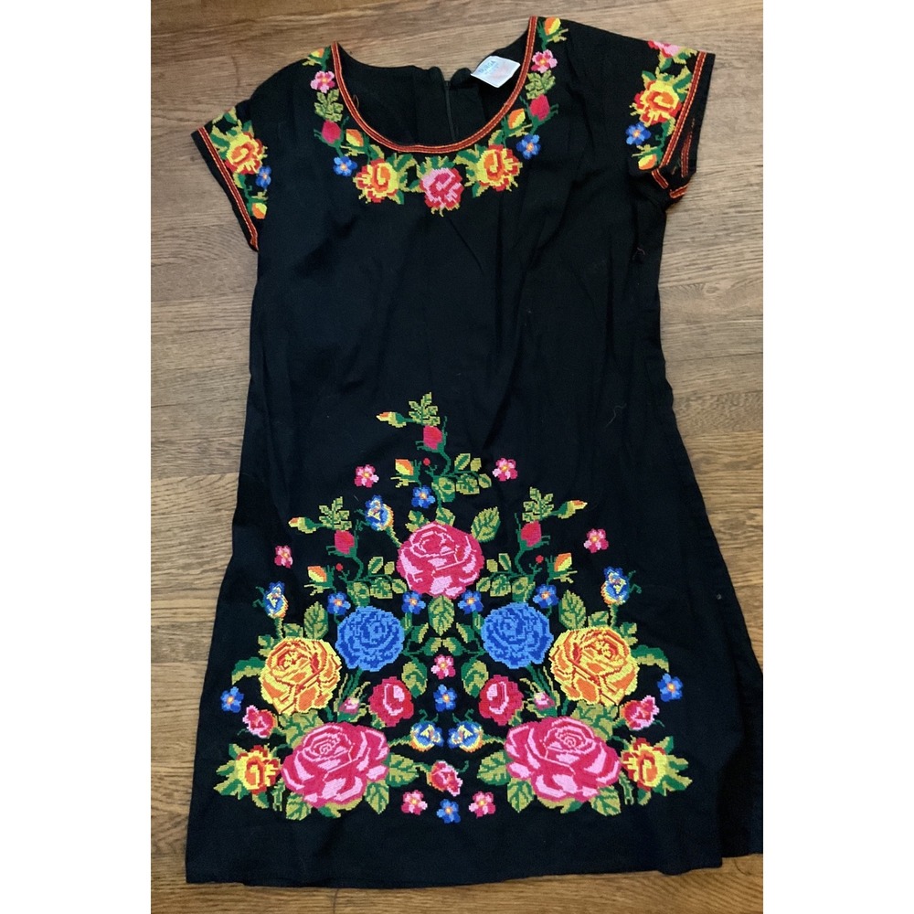 Durga Black Cotton Floral Cross Stitch Embroidered Mini Shift Dress Womens L